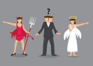 Red devil and white angel pointing to different direction leaving cartoon man confused. Creative vector illustration for difficult decision concept isolated on grey background.