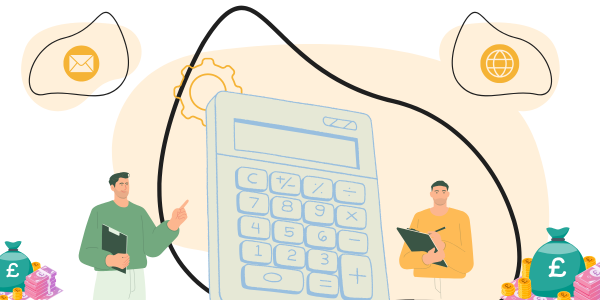 Two people trying to work out how to automate their expenses with a large calculator in the middle