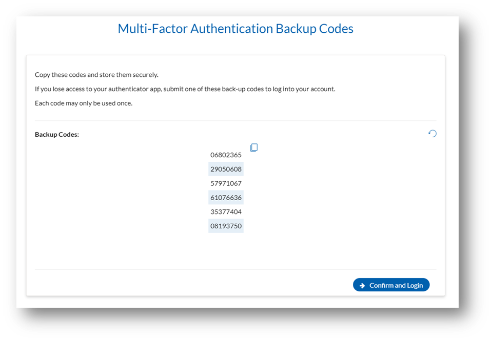 Webexpenses system displaying list of MFA backup codes