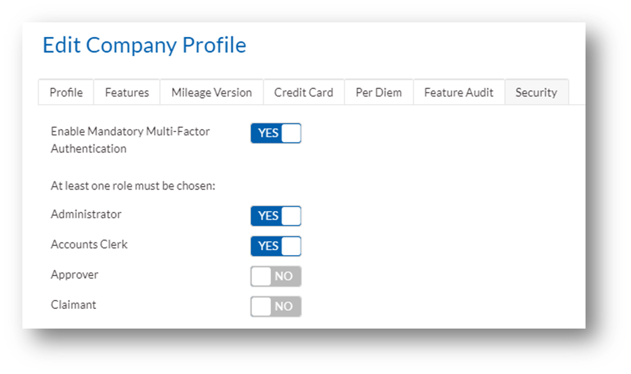 Webexpenses system displaying how to turn on MFA in the security section