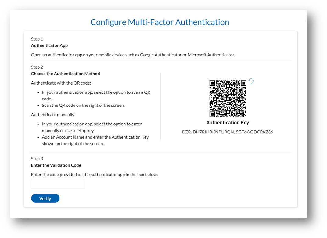 Webexpenses system displaying how to configure MFA with QR code