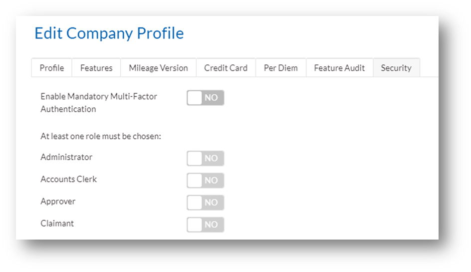 Webexpenses system displaying how to turn on MFA in the security section