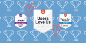 G2 Badges - 1 leader winter 2024 badge, 1 highest user adoption winter 2024 badge and 1 users love us badge. Background full of white trophys on blue