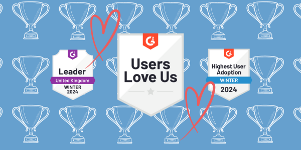 G2 Badges - 1 leader winter 2024 badge, 1 highest user adoption winter 2024 badge and 1 users love us badge. Background full of white trophies on blue background, surrounded with red hearts.