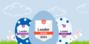Three easter eggs with leader G2 badges on them: the spring leader, the leader in the United Kingdom and the leader in Europe.