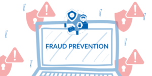 Fraud prevention on a dark blue laptop screen, with security and danger signs in the background