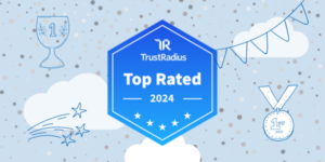 TrustRadius Top Rated 2024 Badge on sky/cloud background with awards, badges and celebrations happening around