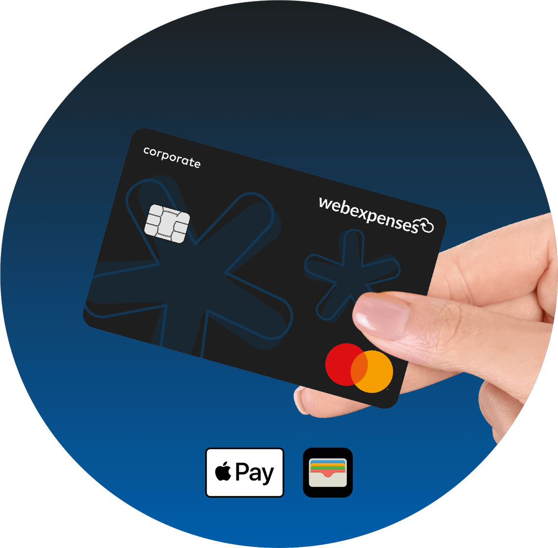 Expense cards apple pay circular image 3 Person holding branded physical card with Apple logos