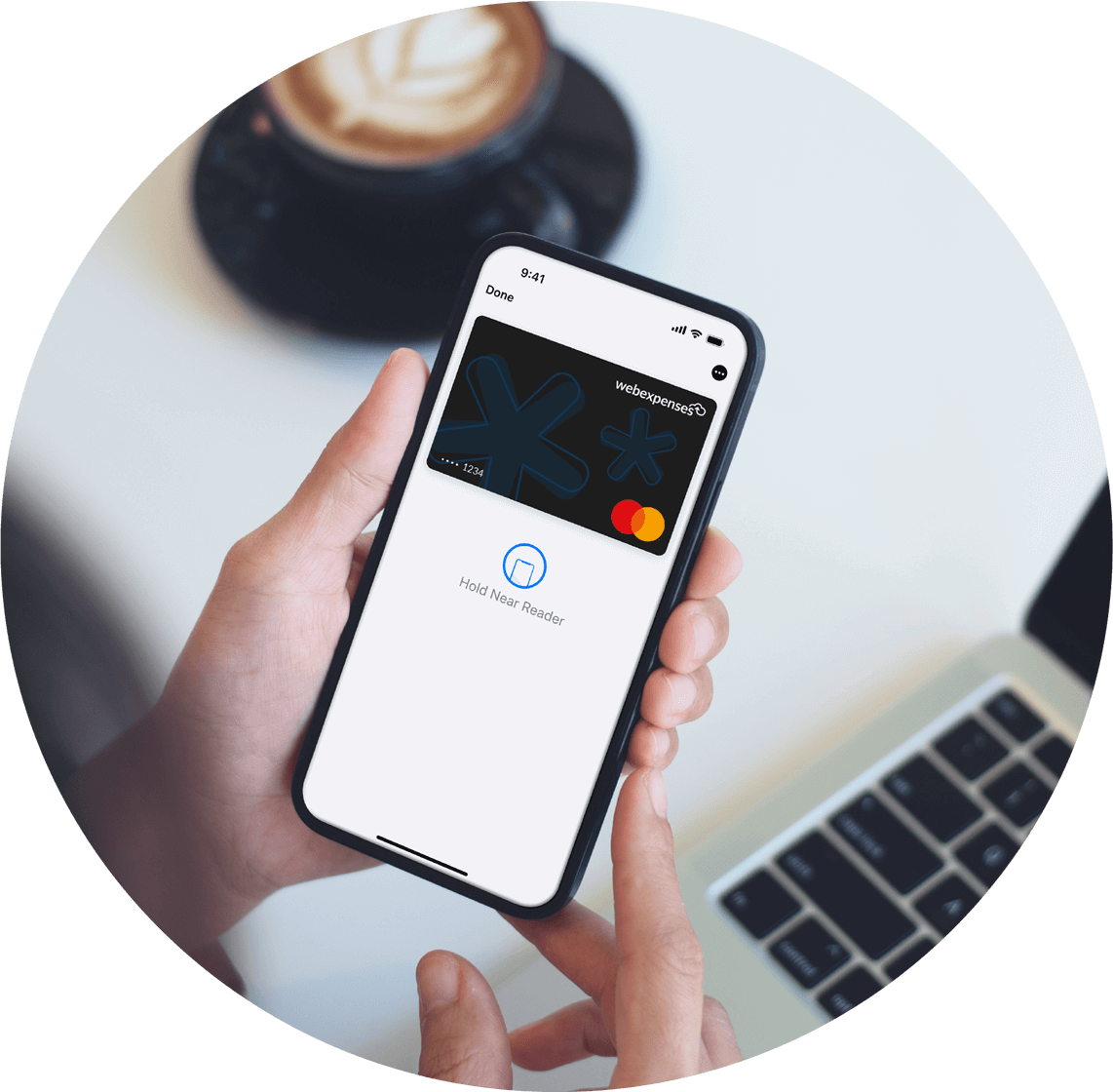 Person holding phone with Webexpenses Expense Card in their Apple wallet