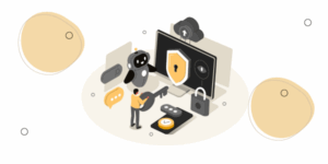 AI robot looking at person trying to get key into lock of the cloud