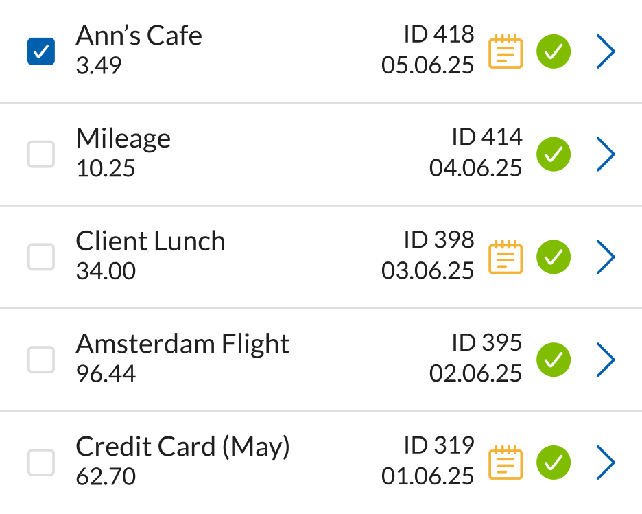 A list of expense claims including Anns Cafe, Mileage, Client Lunch, and Credit Card entries, showing amounts, IDs, dates, and approval status.