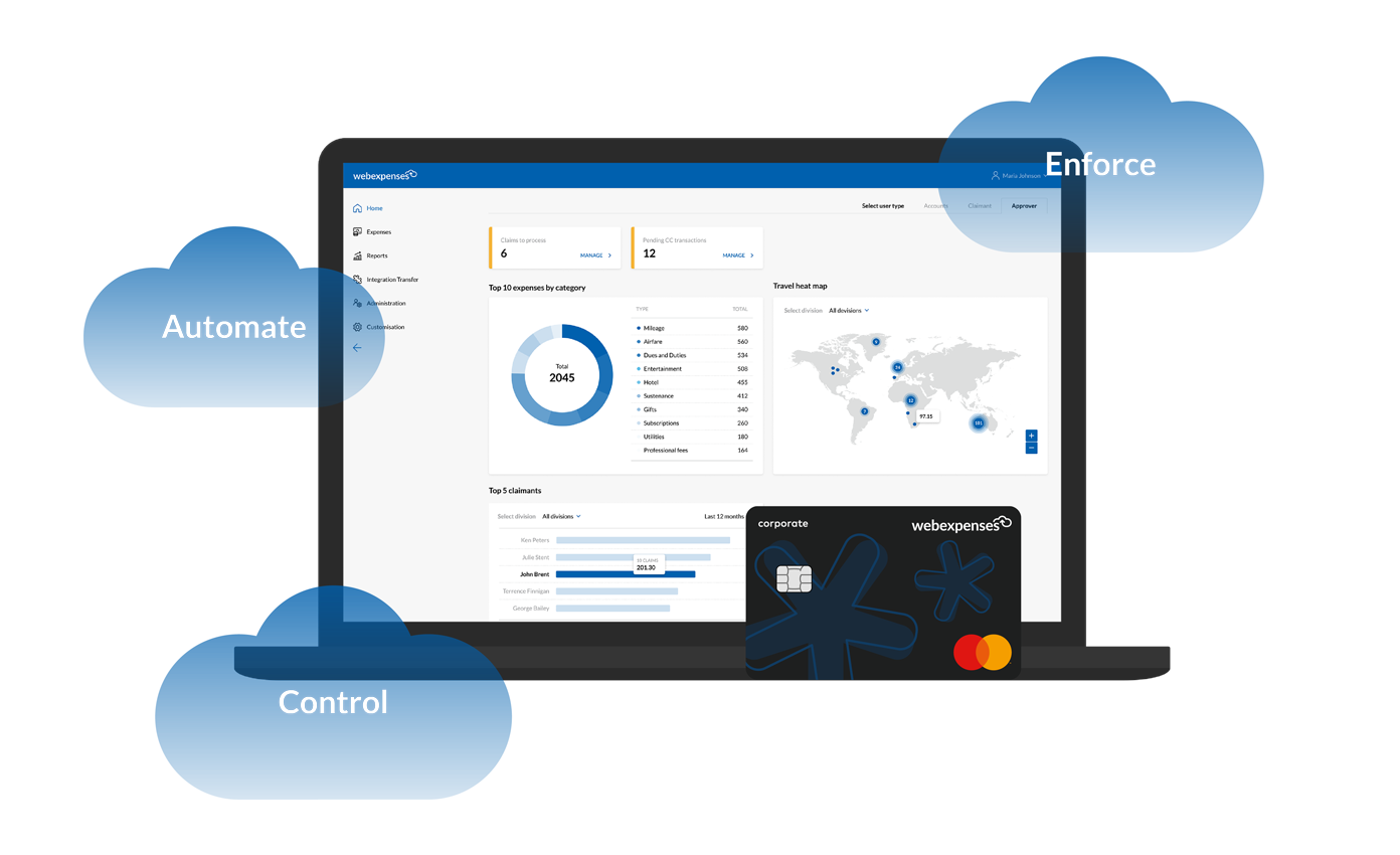 Admin System Dashboard Header Webexpenses system on a desktop device with Expense Card next to it