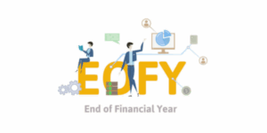 End of financial year graphic with illustrations of people calculating their financials