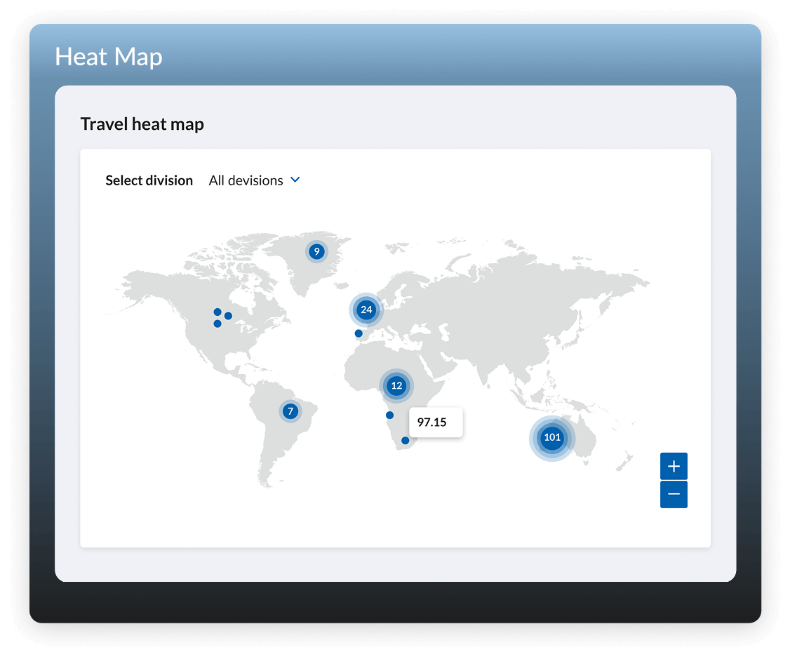 Webexpenses travel heat map showing global business travel activity by region with location markers and travel volume data segmented by division