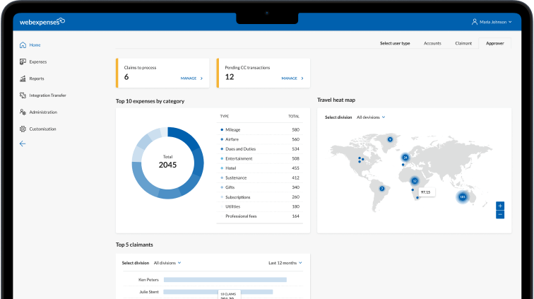 Webexpenses dashboard interface showing expense categories, top claimants, travel heat map, and pending transactions for efficient business expense management.