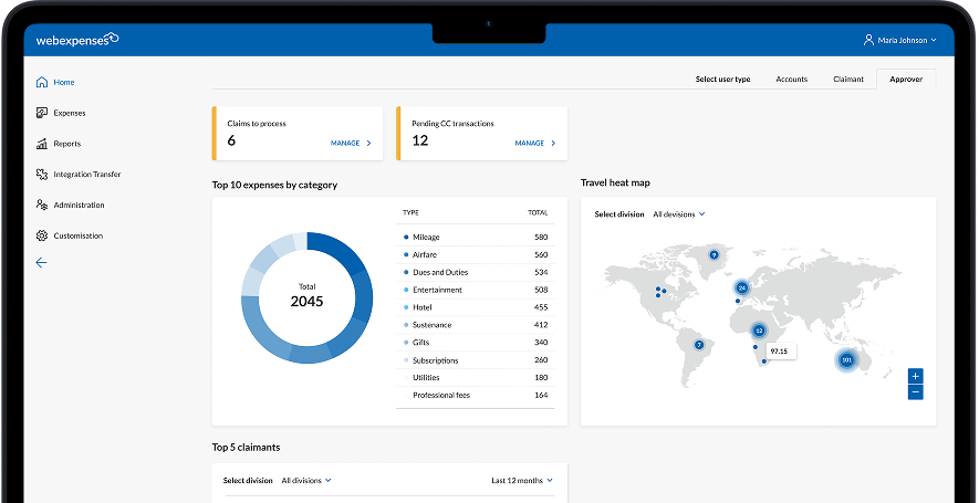 Webexpenses dashboard interface showing expense categories, top claimants, travel heat map, and pending transactions for efficient business expense management.