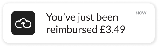 Webexpenses mobile notification showing confirmation message: 'You’ve just been reimbursed £3.49'