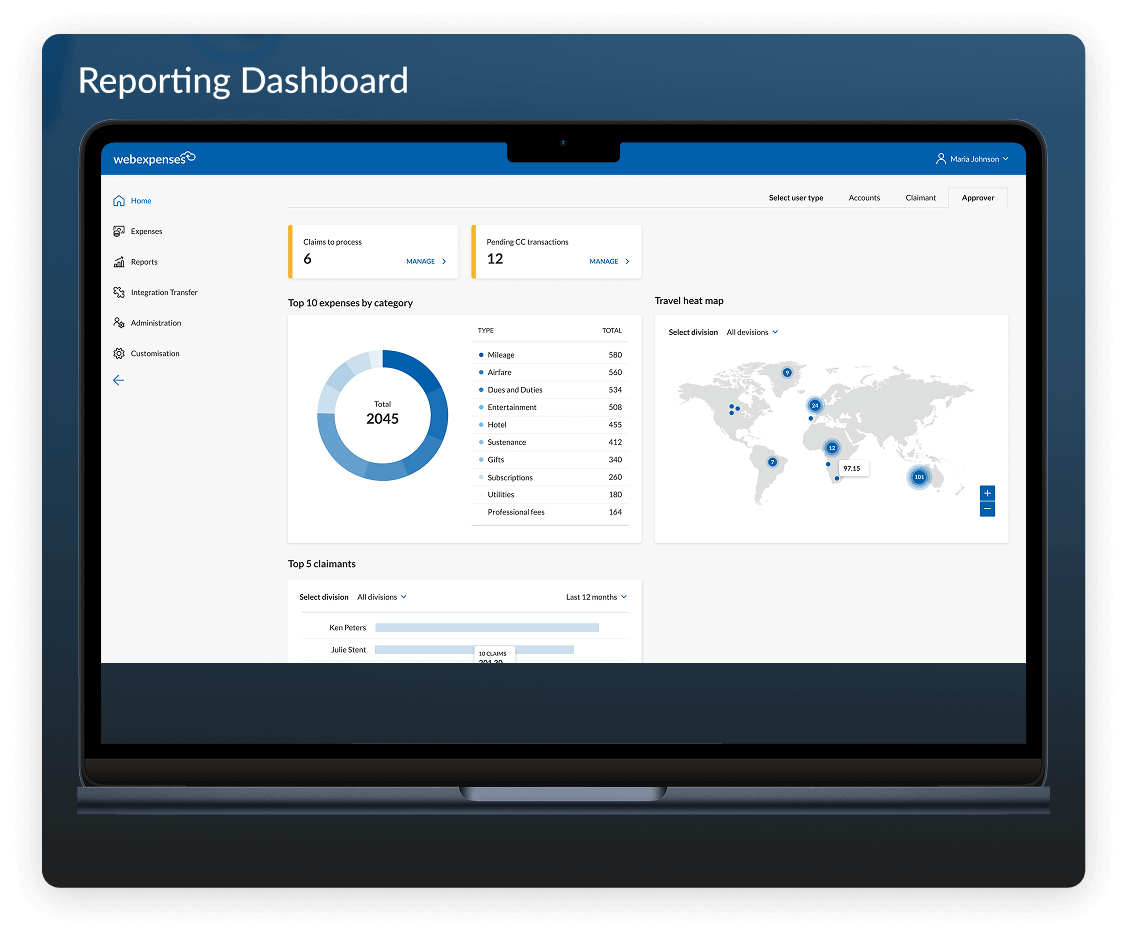 Webexpenses reporting dashboard showing expense analytics with top categories, claimant data, and a global travel heat map on a business expense management platform