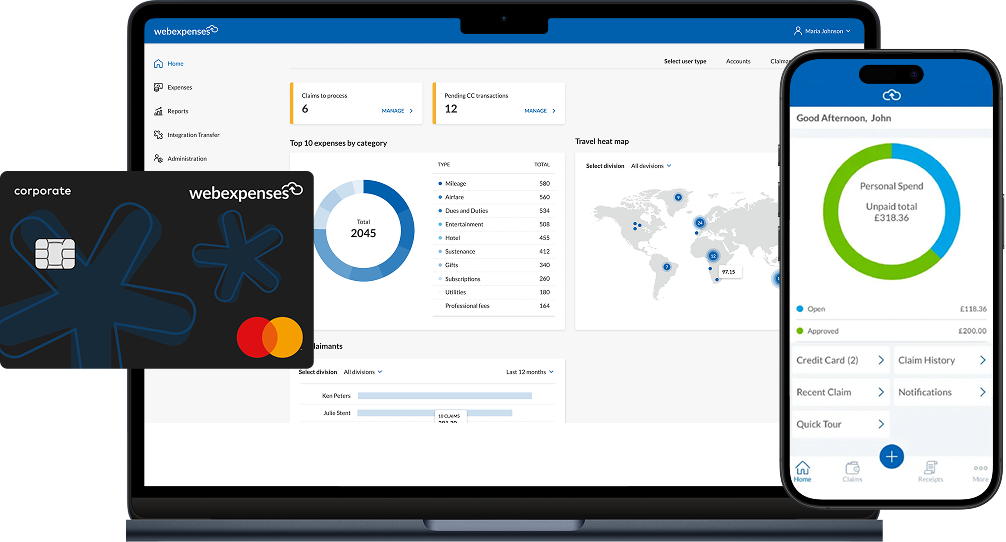 Webexpenses business expense management suite showing corporate Mastercard, web-based analytics dashboard, and mobile app interface with personal spend tracking
