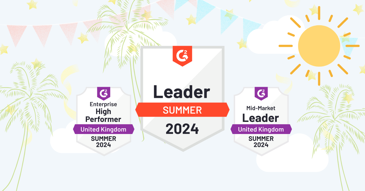 G2 Summer Badges Announced. 3 badges in the sky with the sun, confetti, palm trees and clouds presenting a summer feel