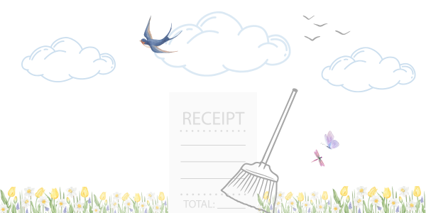 Clouds and birds in the sky with a broom cleaning up a receipt (Spring cleaning expenses)