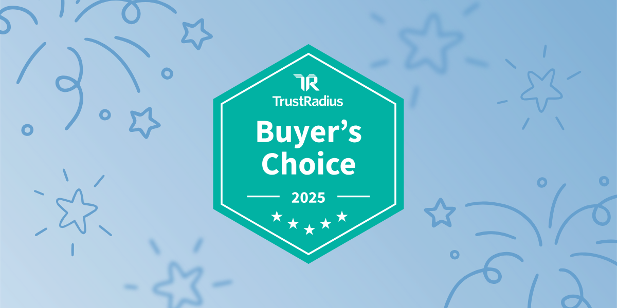 TrustRadius announcement image. Light blue background with confetti and shooting stars, with the green 2025 'buyers choice' badge in the middle of the page