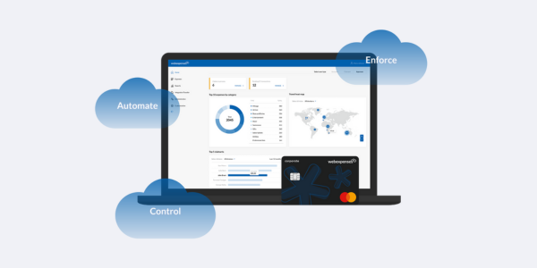 Laptop showing system, with clouds around the laptop showing some text on each: Automate, Control and Enforce