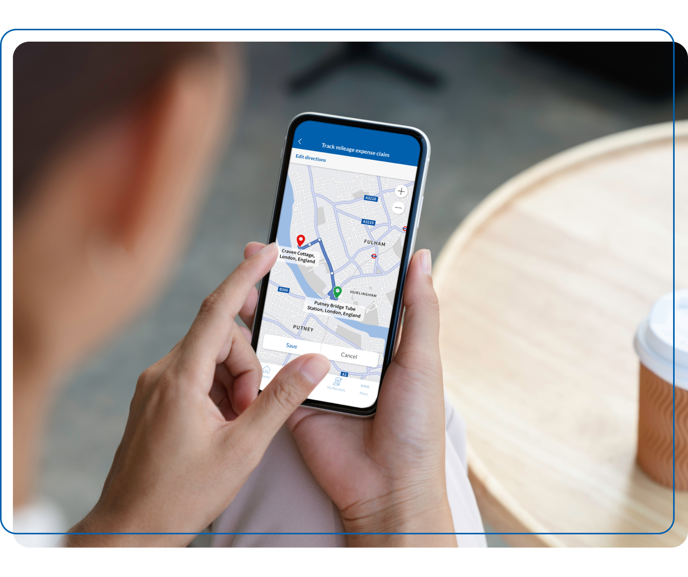 Person holding phone in hands with the Webexpenses mileage tracking feature