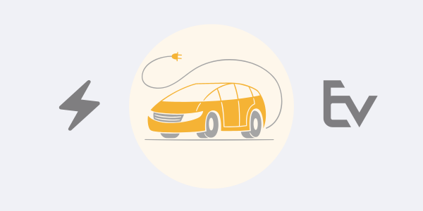 Gold electrical vehicle image in circle with electrical bolt icon on left, and EV in writing on right side