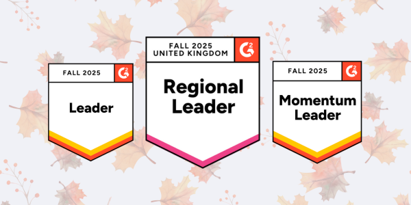 G2 fall leader badges with brown leaves in background