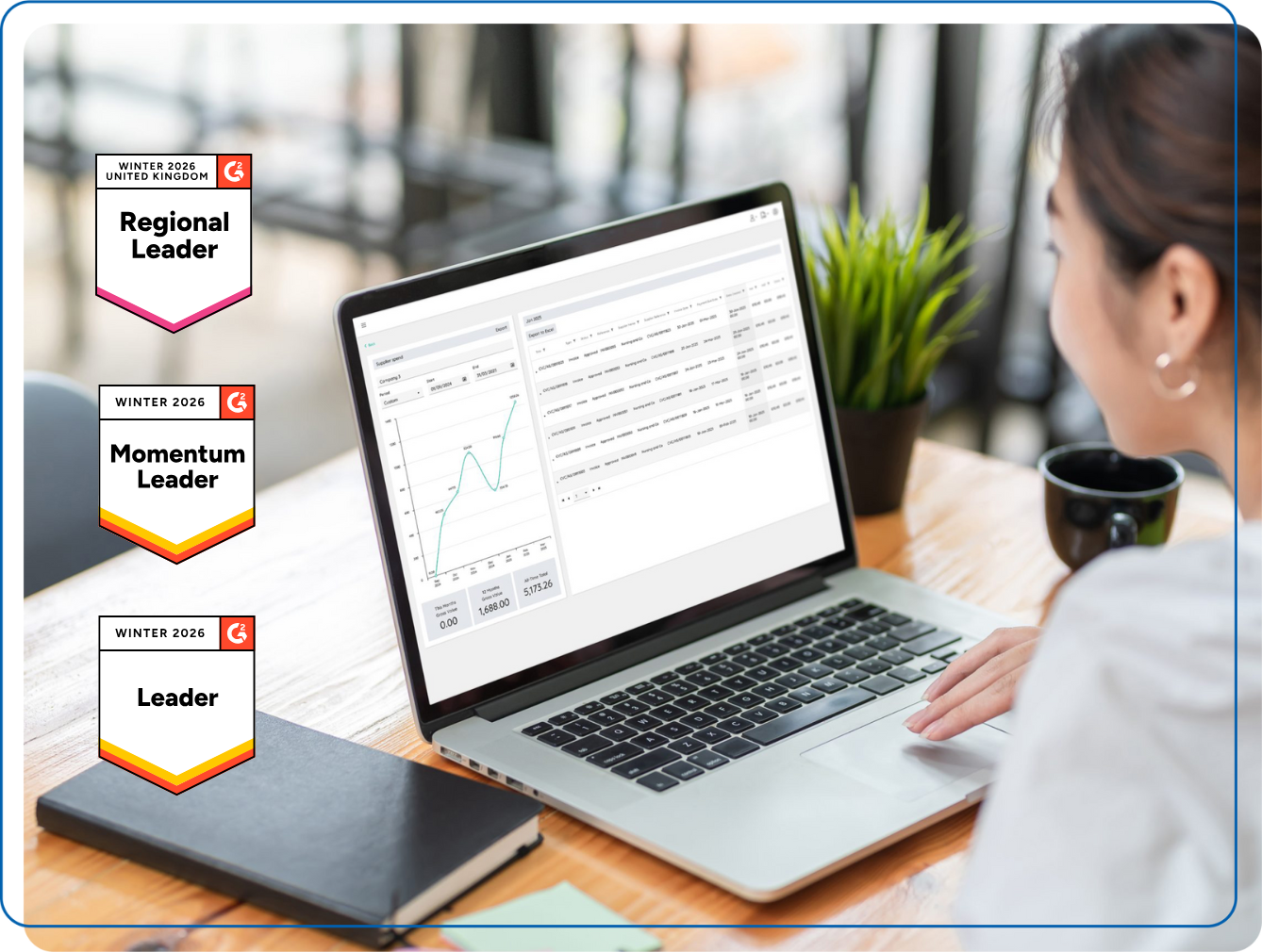 Woman working on her invoice processing system on laptop screen. G2 badges on the left-hand side