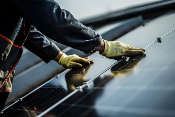 Employee of a solar panel installation company on the roof during the assembly of a photovoltaic system installation.